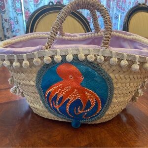 Hand painted summer bag, leather and fabric detail, satin lining with key hook.